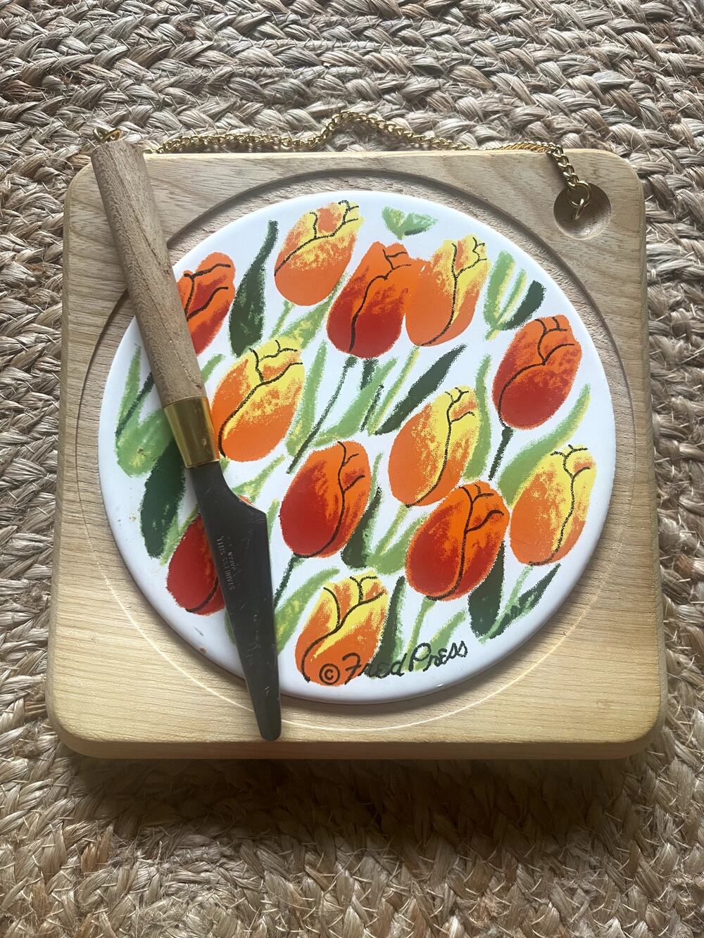 Vintage Fred Press Cheese Board Ceramic Tile Tulips Wood Serving Tray with Knife